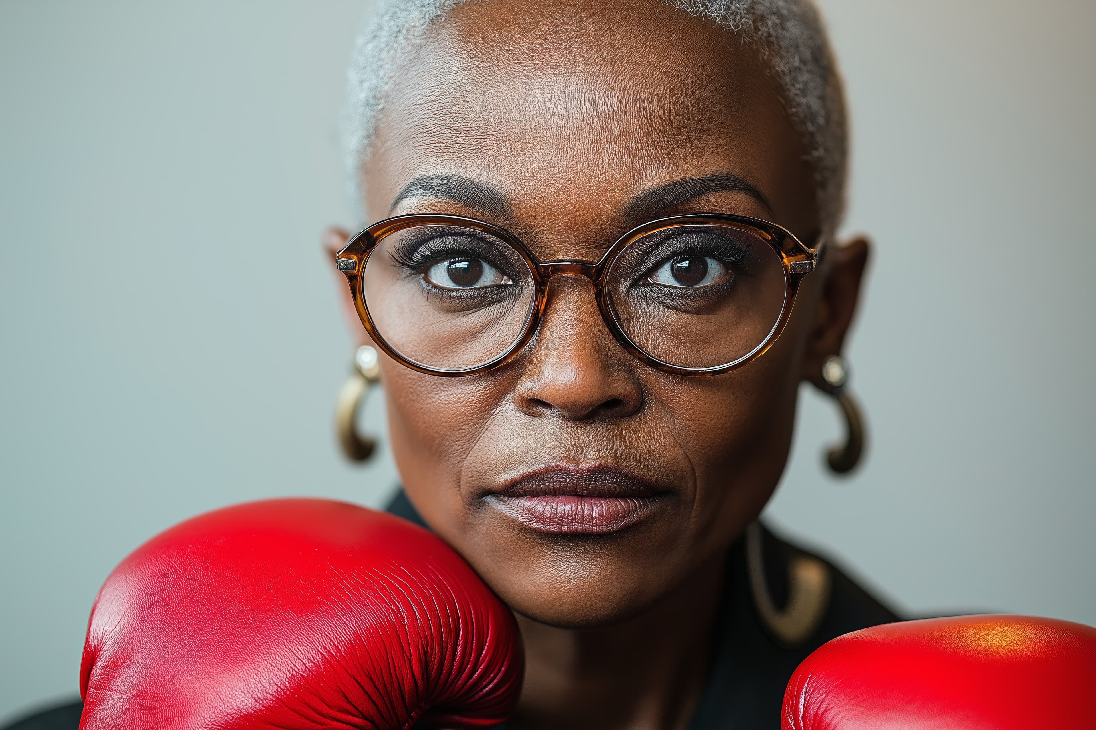 An older woman wearing red boxing gloves, looking straight ahead — still fighting