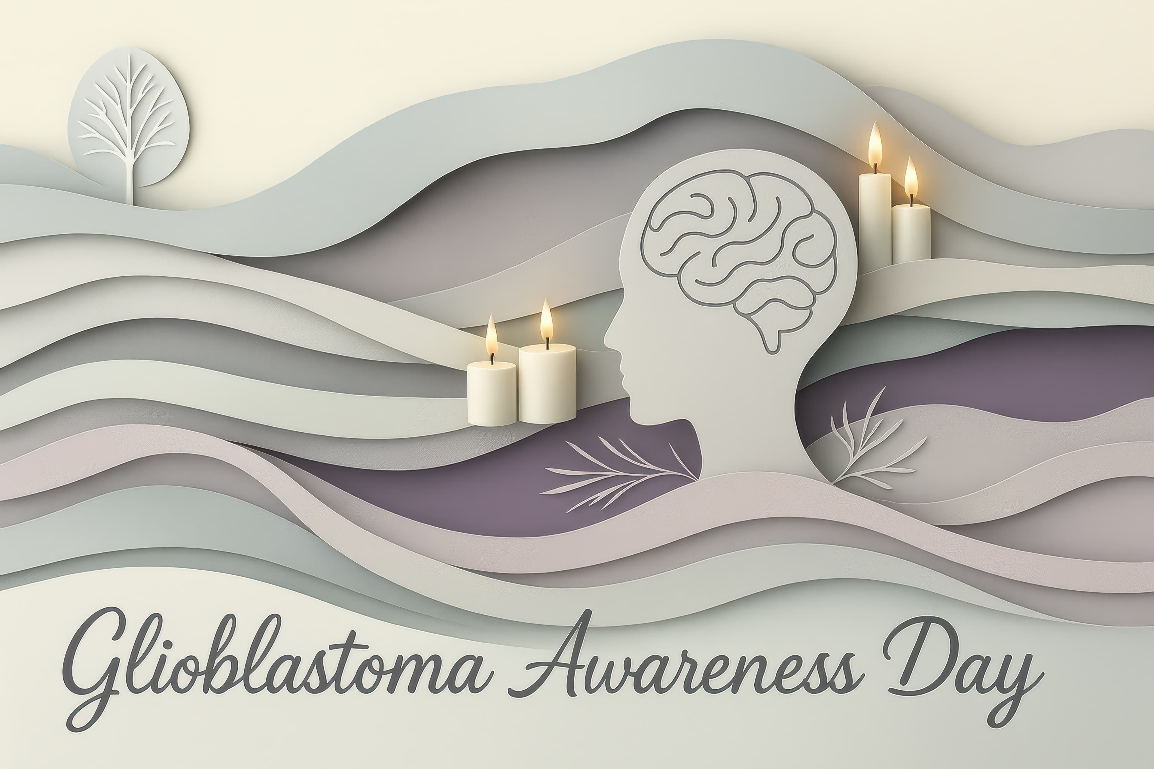 A soft paper-cut illustration of a person in profile with a brain, candles, and a tree, above the words Glioblastoma Awareness Day
