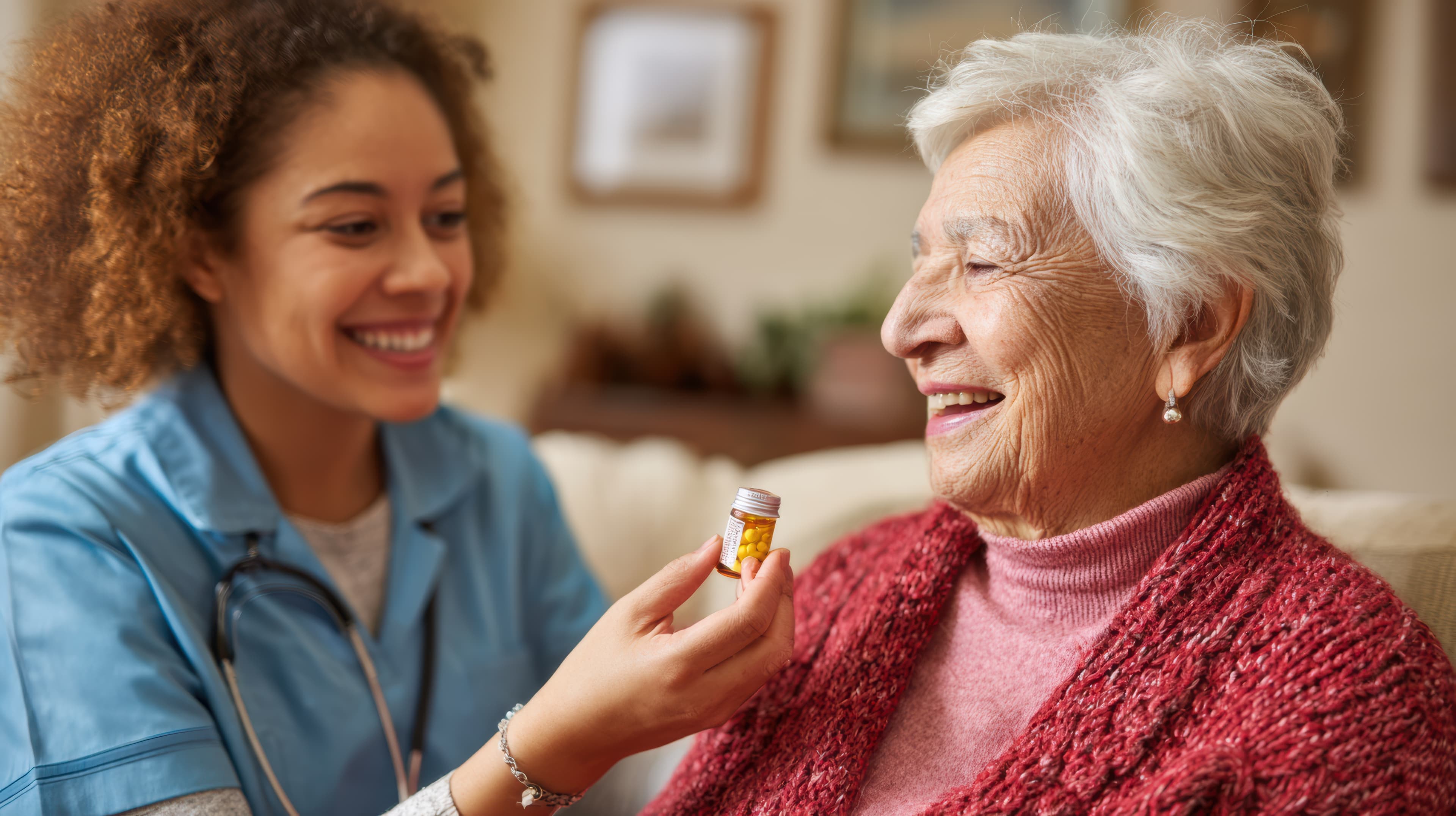 A caregiver at home helping a smiling older woman with her daily routine