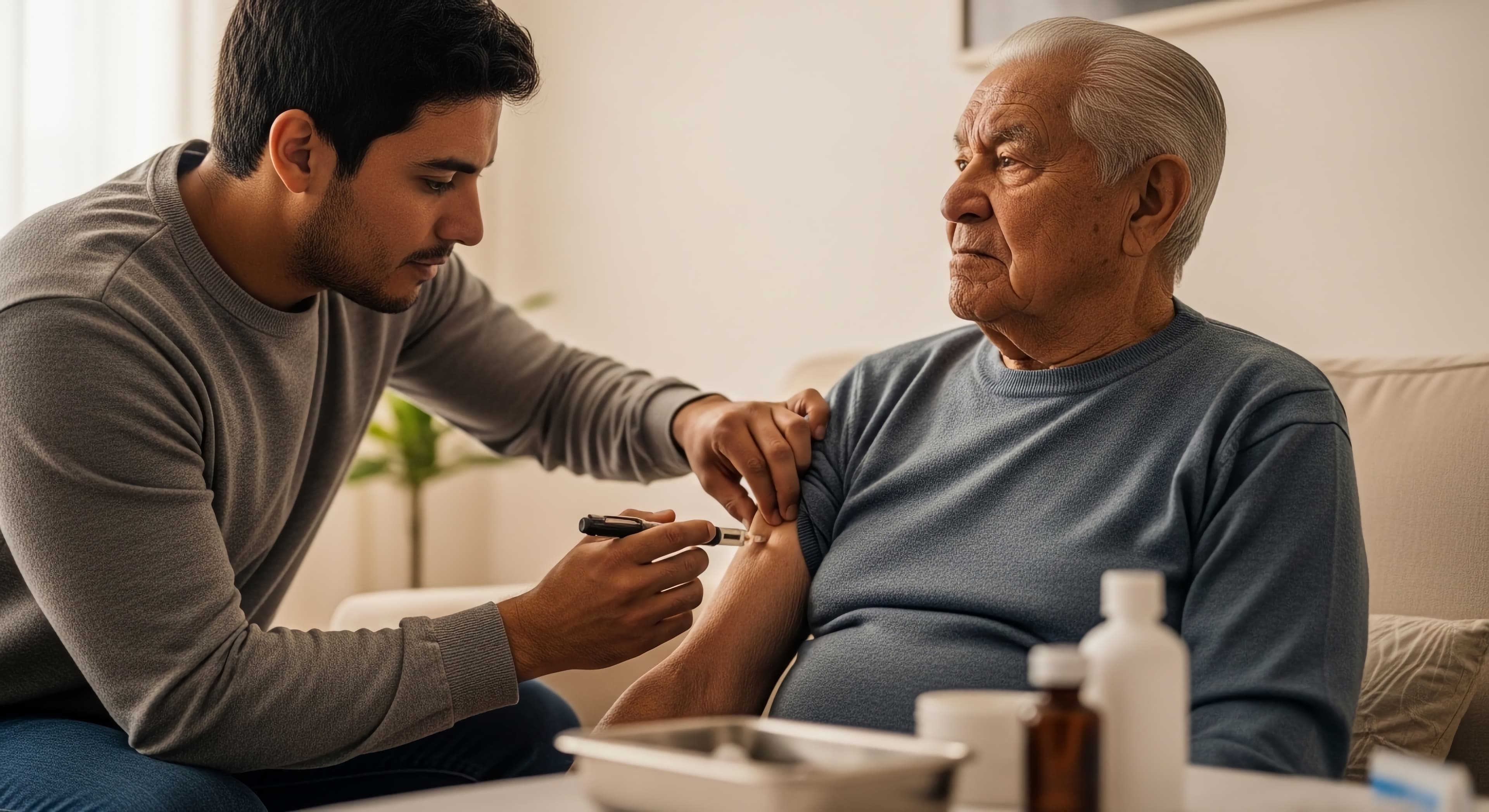 A trained caregiver providing care to an older man at home