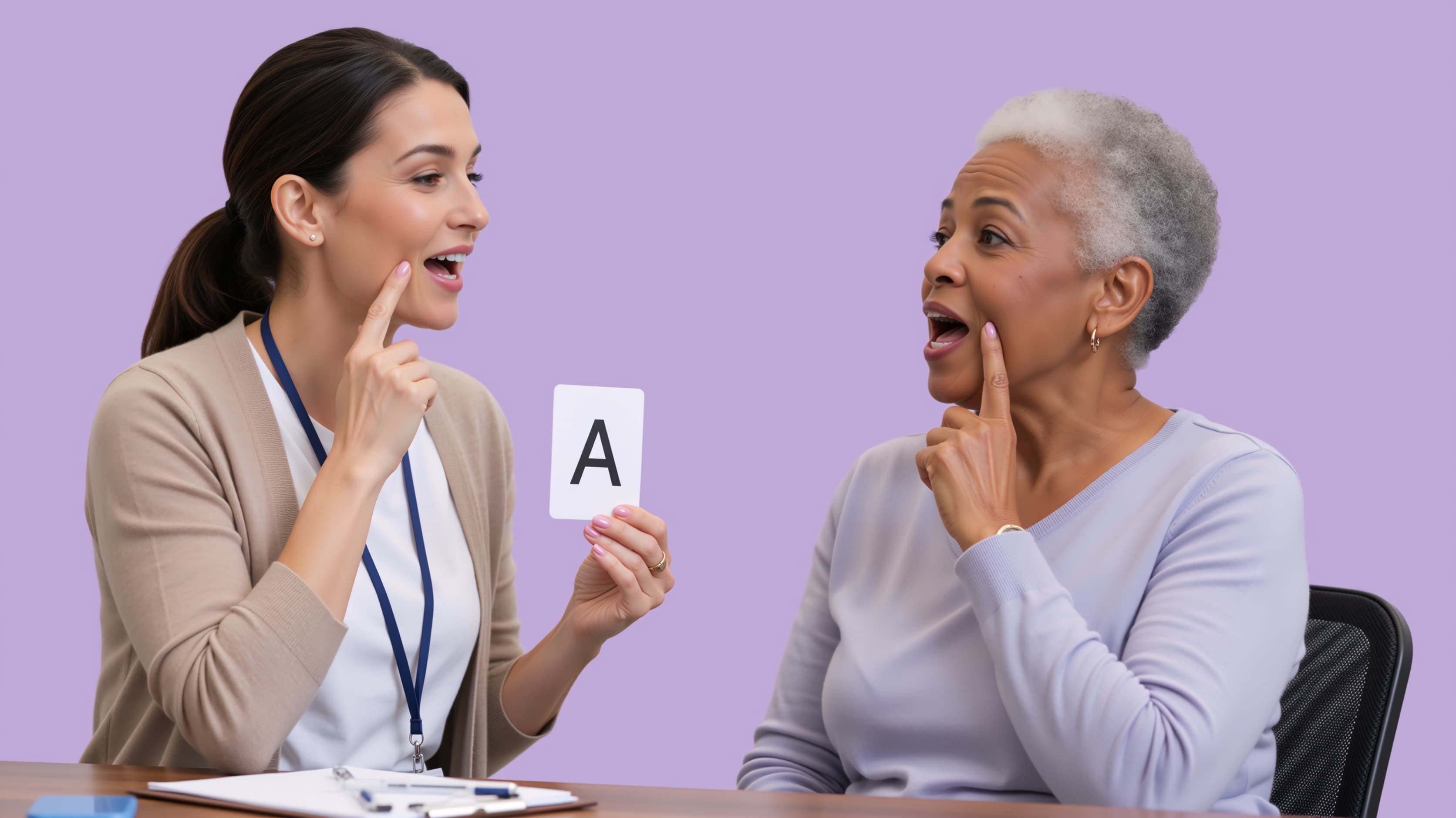 A clinician holding up a card with the letter A, a finger to her lips, while an older woman copies the gesture