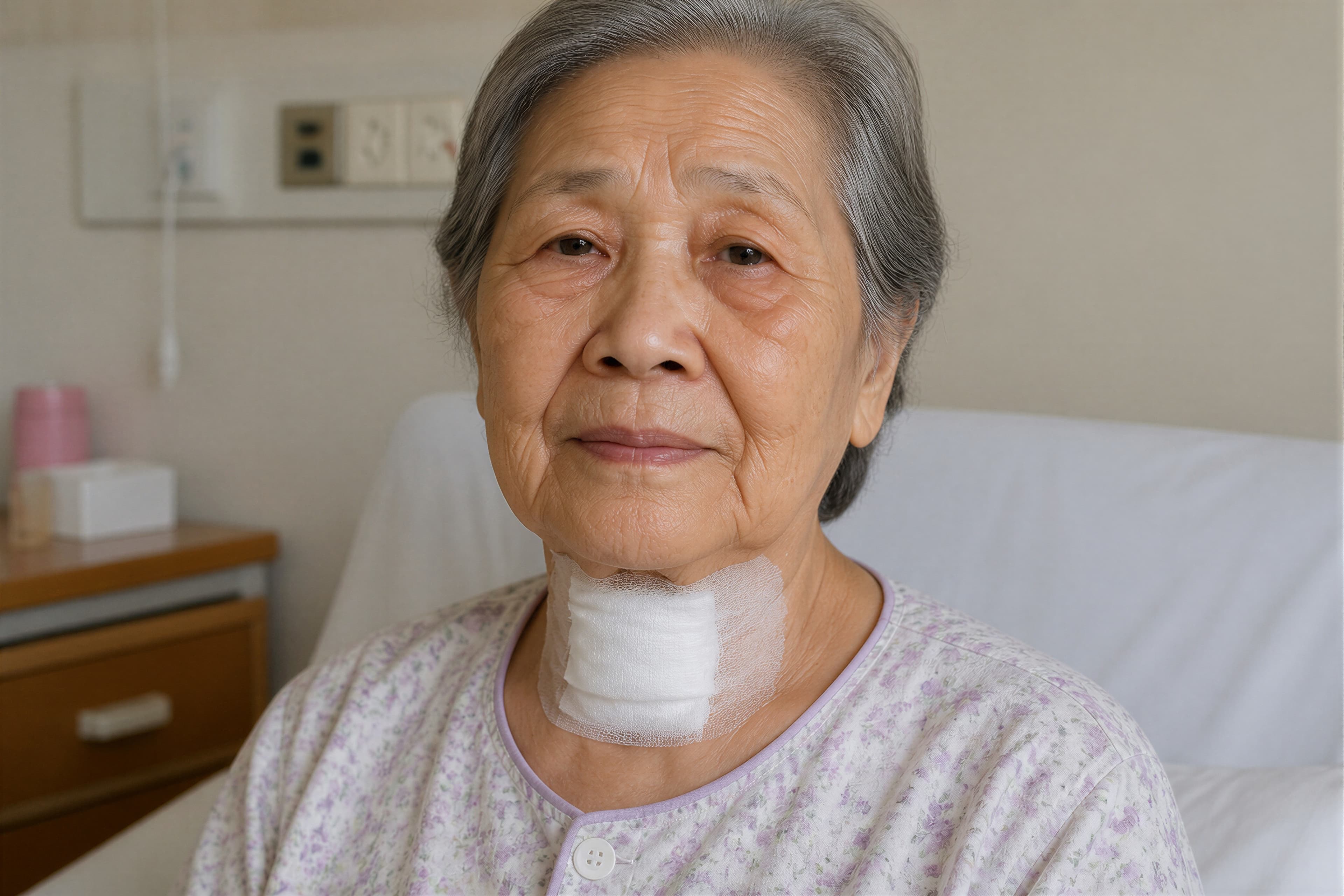 An older woman sitting up in a hospital bed, a white dressing across the front of the neck