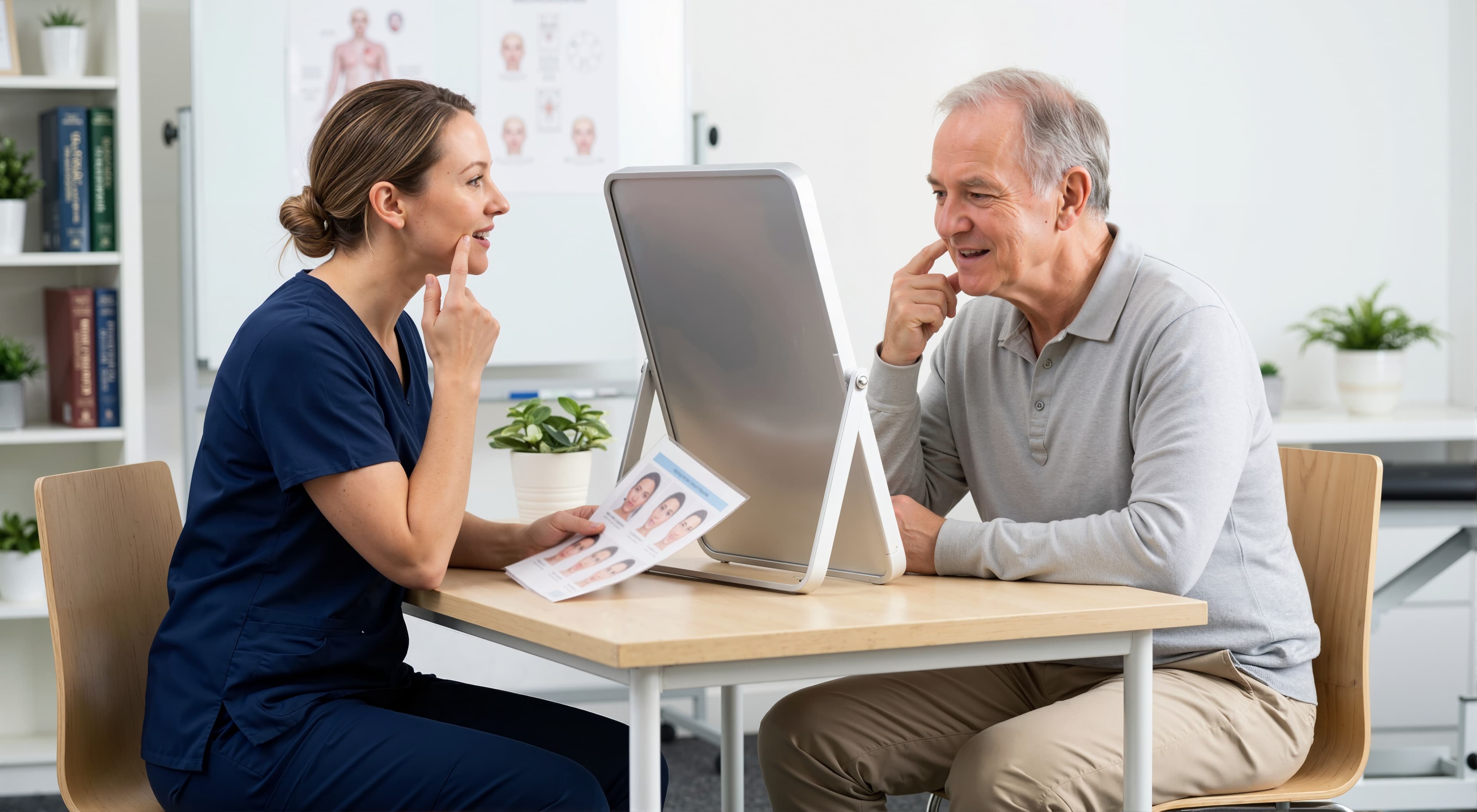 A speech therapist and an older man at a table with a mirror between them, each touching a finger to their lips