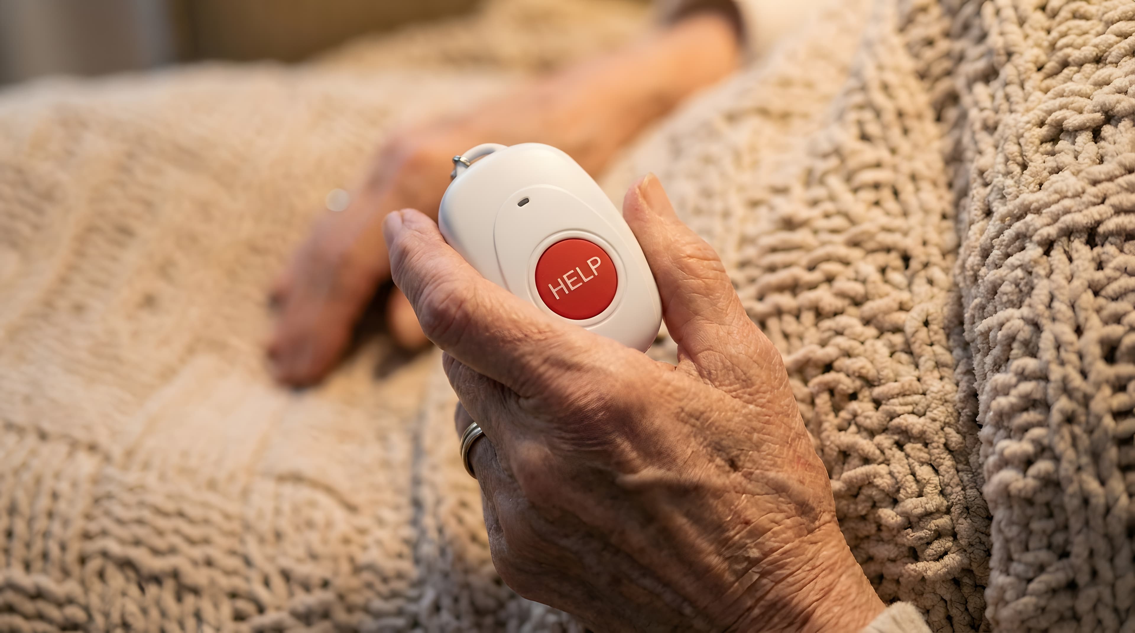 An older person's hand holding a white emergency pendant with a red HELP button, resting on a knitted blanket