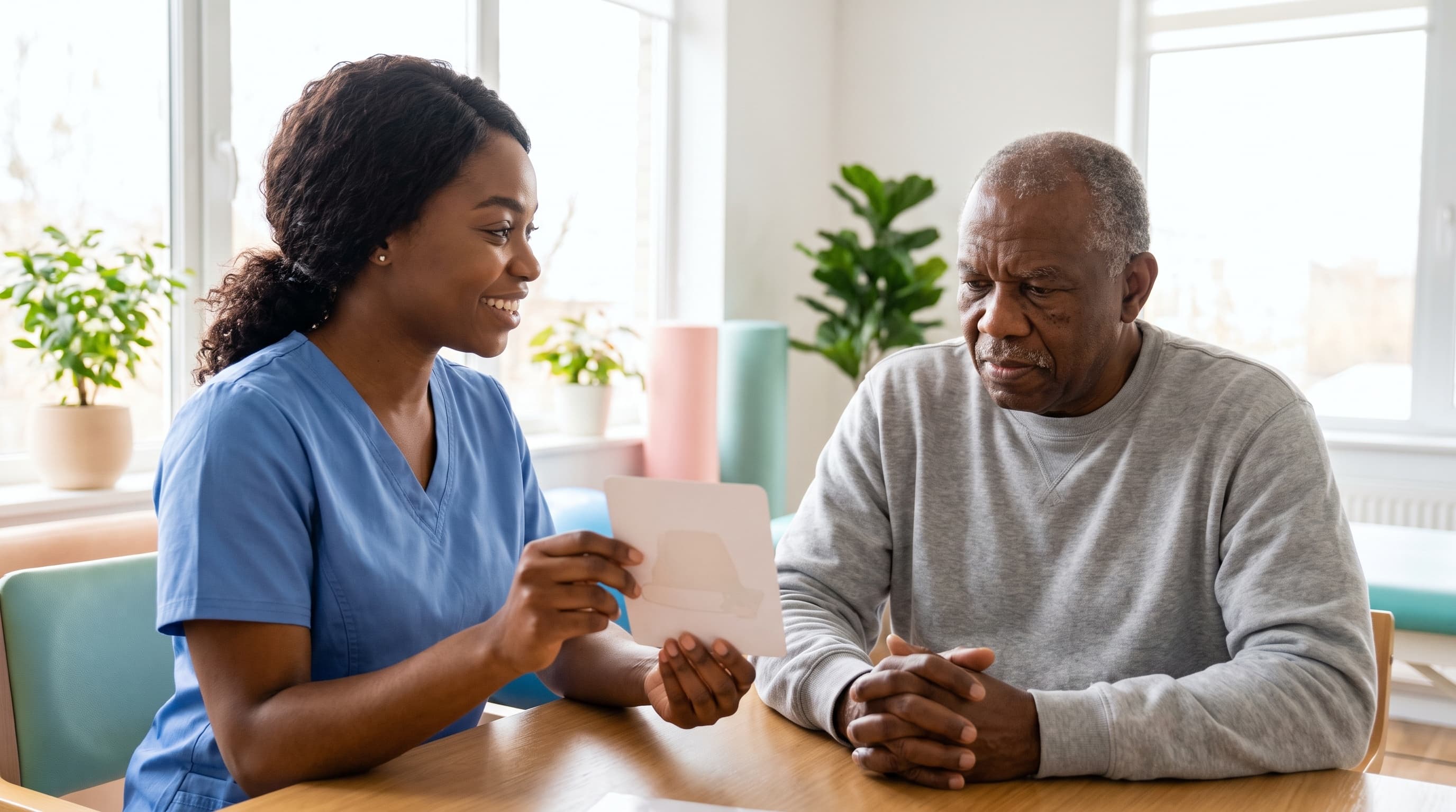 A caregiver showing picture cards to an older man at a sunny kitchen table