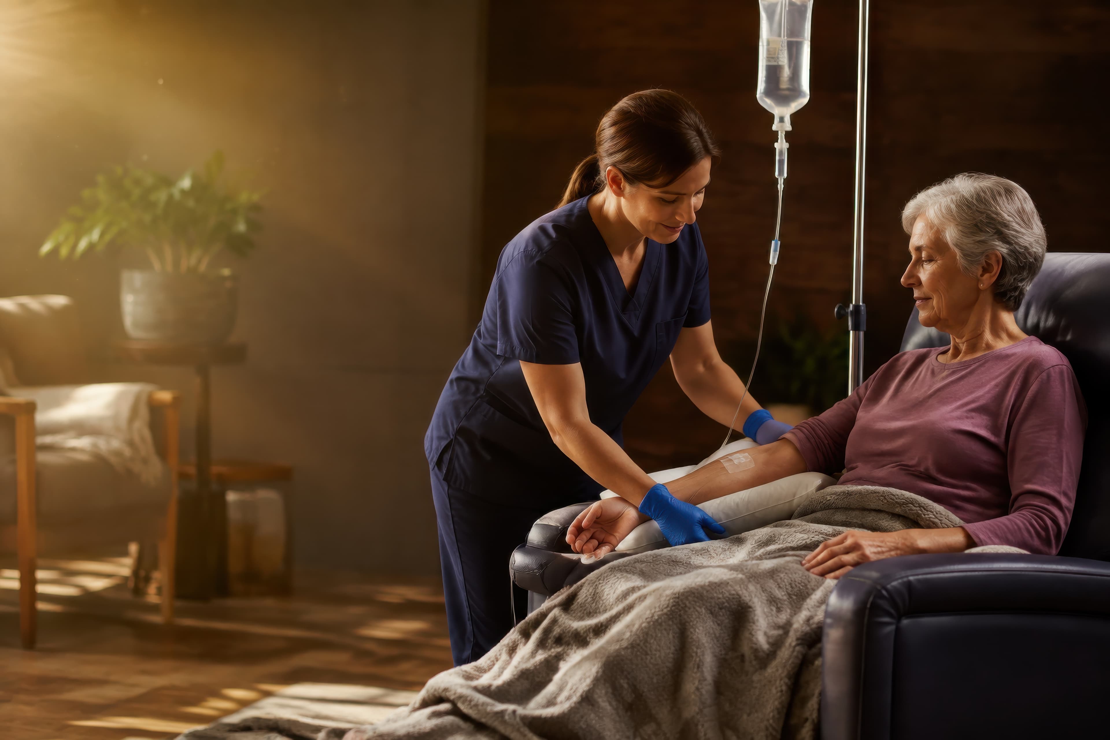 A nurse adjusting an IV line for a woman resting in a chair at home