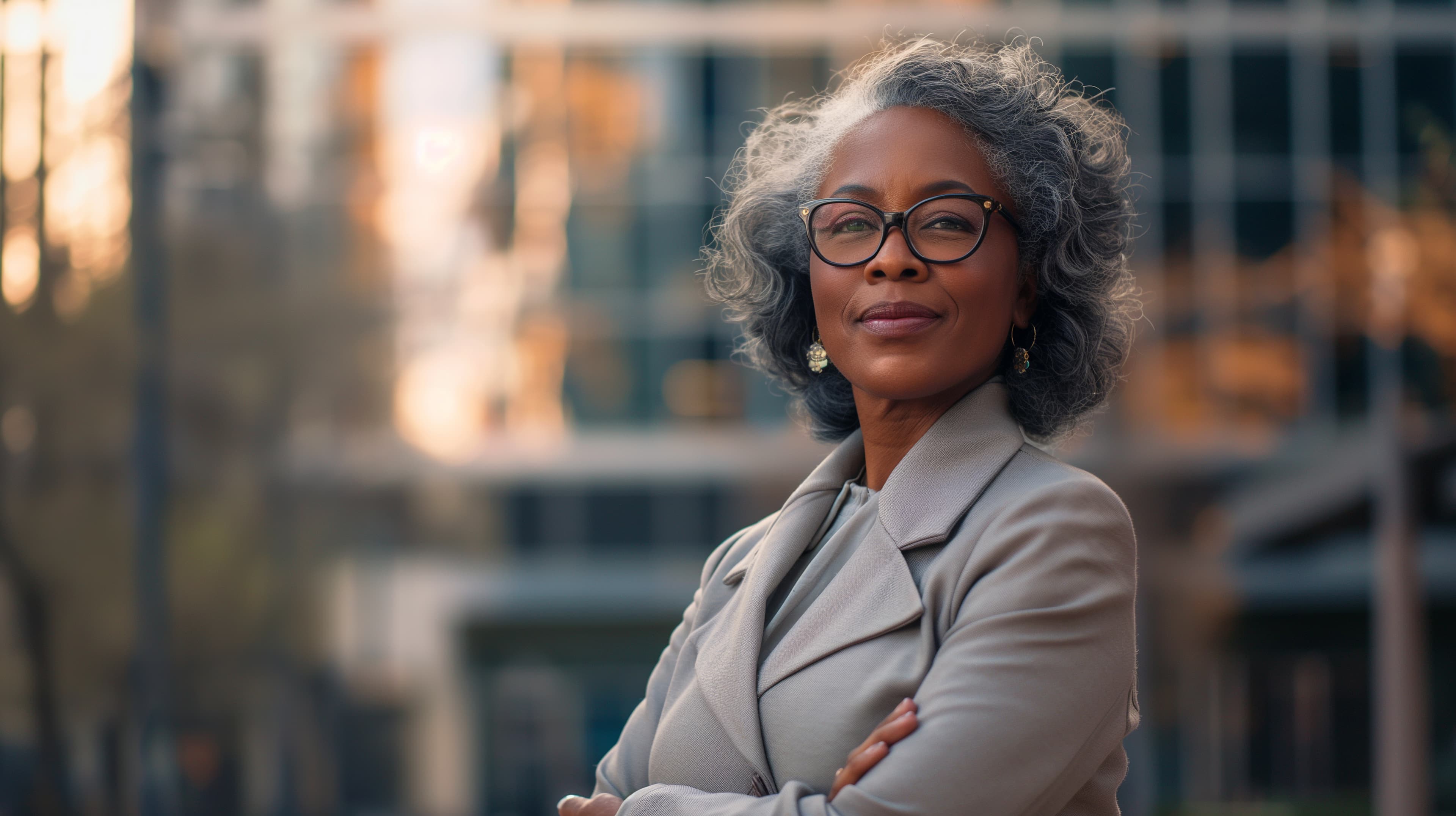 A woman with gray hair and glasses in a light coat standing with arms crossed outside an office building