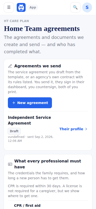 Home Team agreements: agreements we send, what every professional must have, who has completed what.