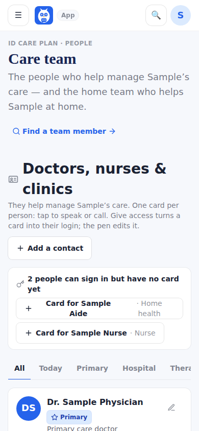 The Care Team page, where a person's Manage menu opens the offboarding sheet.