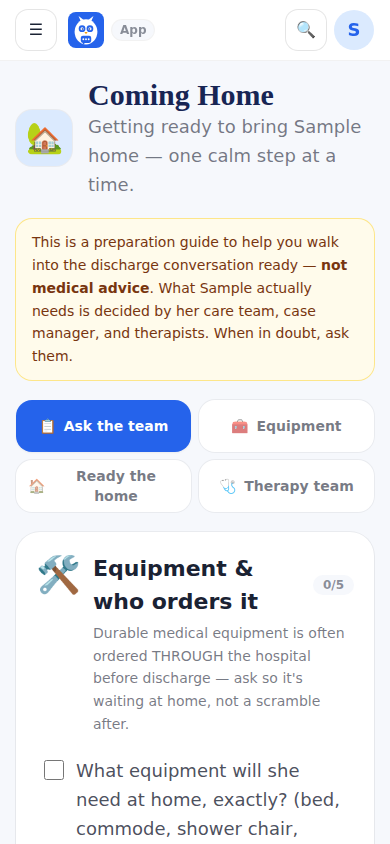Coming Home: discharge-prep checklists and the therapy team's home recommendations.