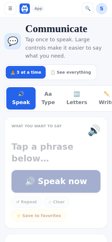 Communicate on a phone, with Build a message below the Quick Speak tiles.