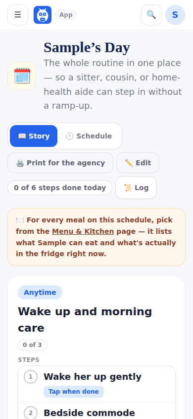 Her Day in Story view: the blocks of the day with their steps, Print for the agency, and Edit.