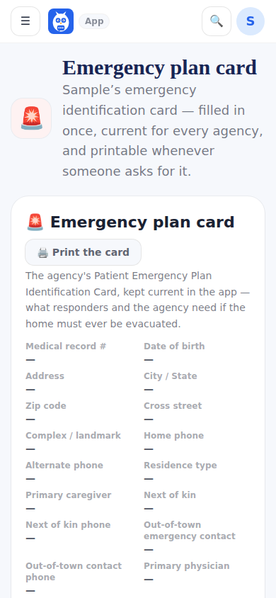 The Emergency Plan Card the family maintains and prints.