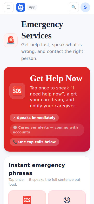 Emergency Services: Get Help Now, emergency phrases, contacts and critical medical information.
