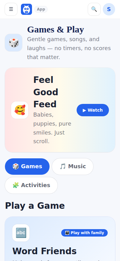 Games and Play: Memory Match, Word Match, Tic Tac Toe, Sing Along and her music.