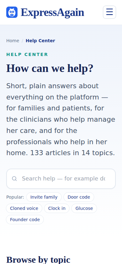 The Help Center home with the search box; the contact band is at the bottom of every help page.