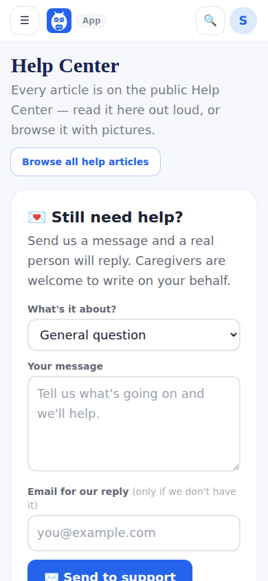 The signed-in Help Center inbox: send a request, see its status, read an article aloud.