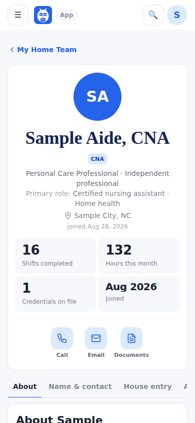 A professional's profile: the name with the credential, the role tag, the stats card and the icon actions.