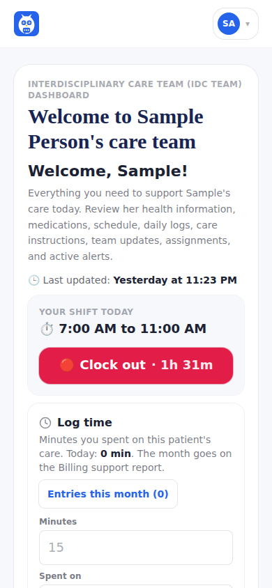 The Log time card under the clock on the care-team dashboard.