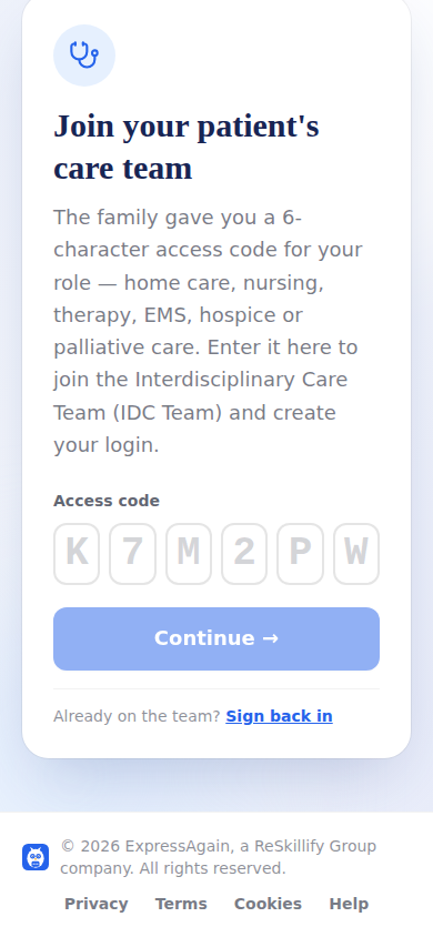 The IDC Team sign-in: enter the family's code first, then who you are.