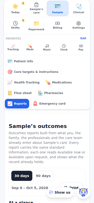 The same Outcomes section on the care-team dashboard, under the health reports on the Reports tab behind the patient's door.