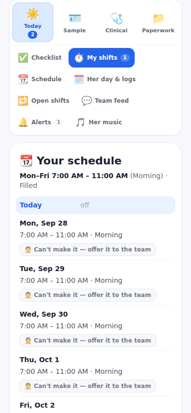 My shifts: the clock and today's shift.