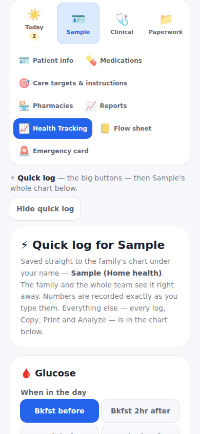 Health Tracking on the care-team dashboard, with Quick log on top.