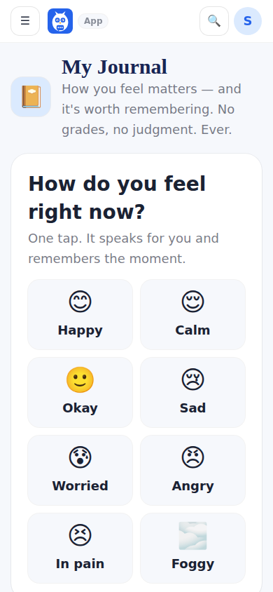 My Journal: one-tap mood check-ins and the door to the Care Team Report.