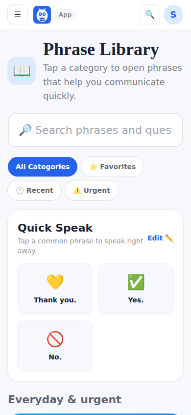 The Phrase Library: categories as cards, with search and favorites.