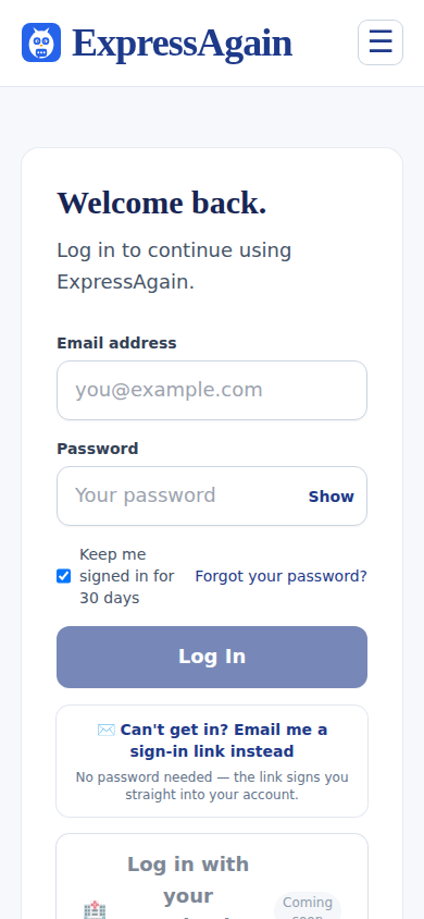 The Log in page: email and password, Forgot your password, and the emailed sign-in link.