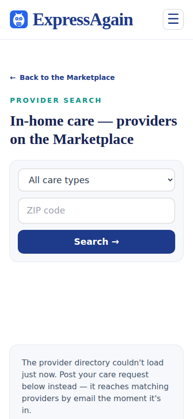 Find home care providers: how a family searches the professionals who posted a profile.