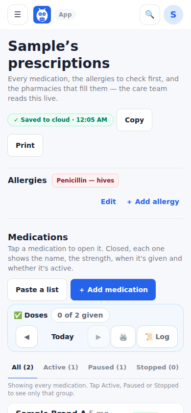 Prescriptions: each medication as an accordion with All, Active, Paused and Stopped, allergies and pharmacies.