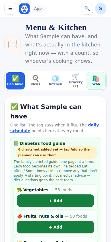 Menu and Kitchen: what she can have, what is in the kitchen, recipe ideas and the grocery list.