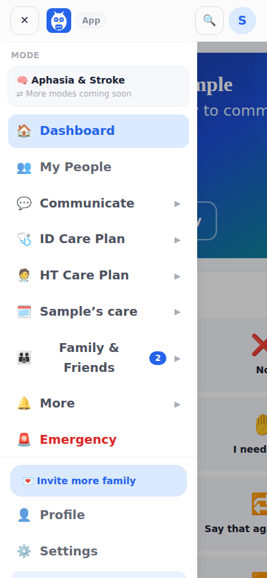 The phone menu open: Dashboard, My People, then the groups Communicate, ID Care Plan, HT Care Plan, the patient's care, Family and Friends, More, and Emergency last.