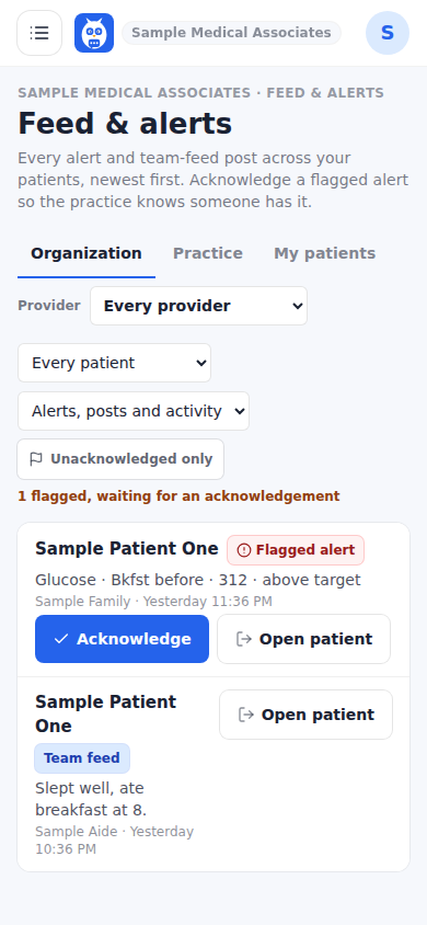 Feed and alerts across the practice, with Acknowledge.
