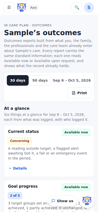 Outcomes: 30 days or 90 days, At a glance, then the six cards, each marked Available now or Available upon request.