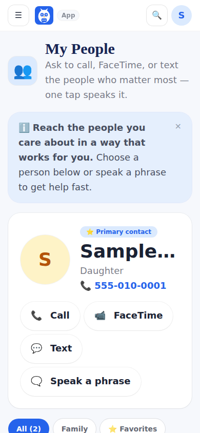 My People: family and friends with Call, FaceTime and Text, and the invite door.