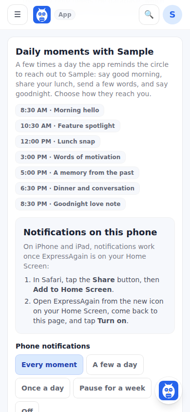 The same card on an iPhone in Safari: first add ExpressAgain to the Home Screen with the Share button, open it from the icon, then tap Turn on.