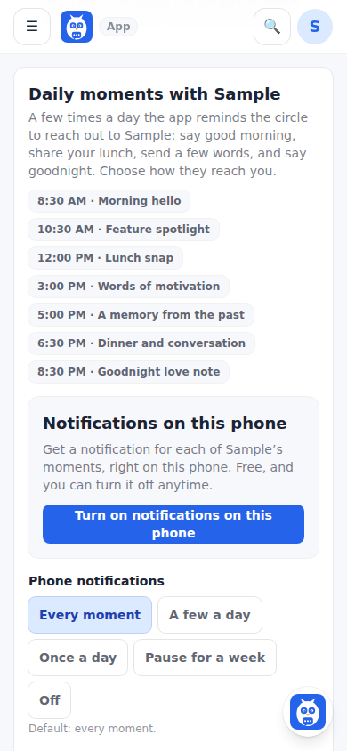 Settings, Family and Friends tab, under Daily moments: the Notifications on this phone card with Turn on notifications on this phone, then the choices for how many.