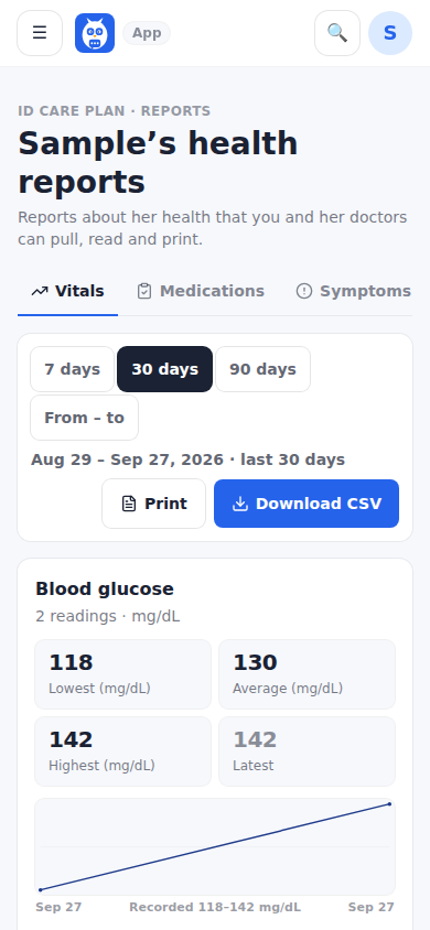 Health reports: the Vitals report for the last 30 days with Print and Download CSV.