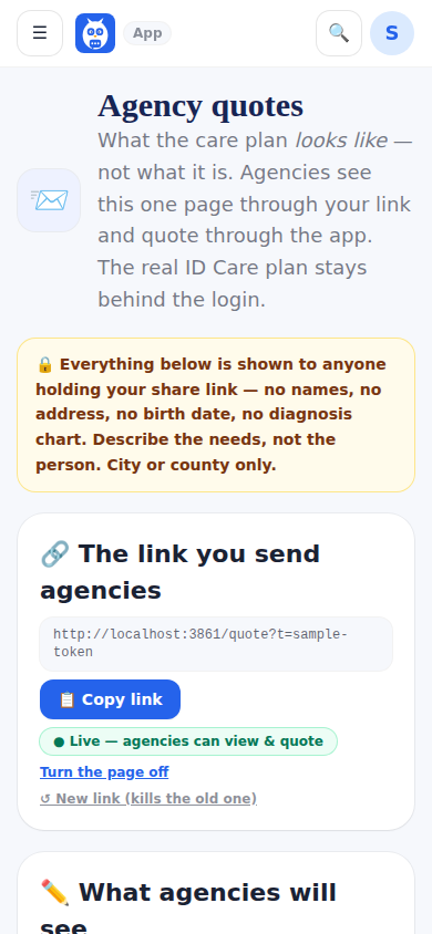 Agencies and Quotes: the de-identified overview and the link you send agencies.