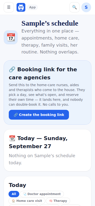 Her Schedule: one calendar for everything, with the booking link for agencies.