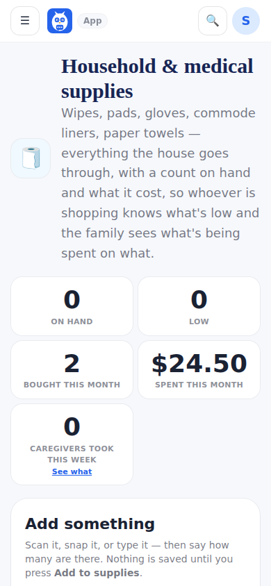 Household and medical supplies: scan, picture or type, with counts and Spent this month.