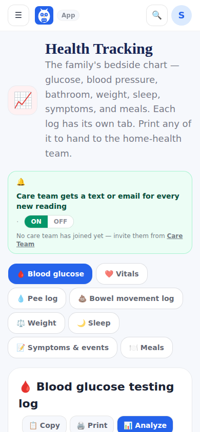 Health Tracking: the care-alert switch and the tabs — blood glucose, vitals, pee log, bowel movement log, weight, sleep, symptoms and events, meals.