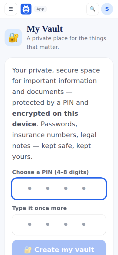 My Vault: set a PIN; everything inside is encrypted on this device.