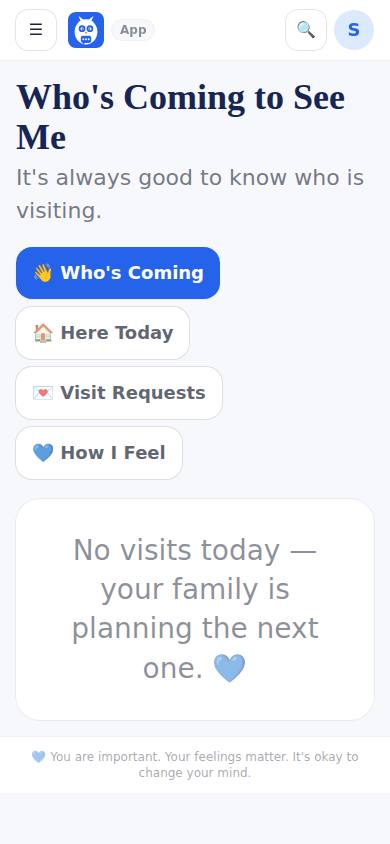 Visitors: who is coming to see me, who is here today, who wants to visit.