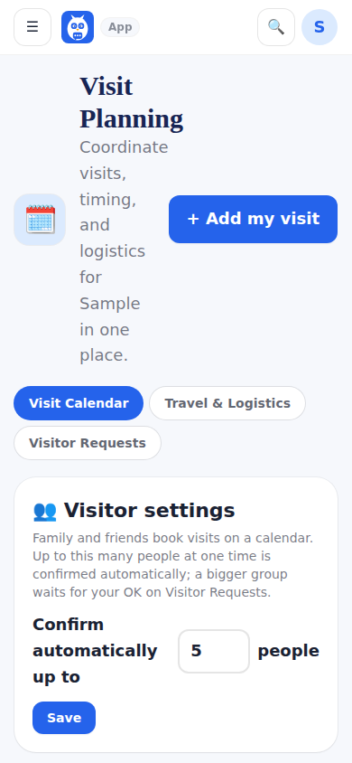 Visit Planning: the month grid, where she is and visiting hours, the shareable visit link.